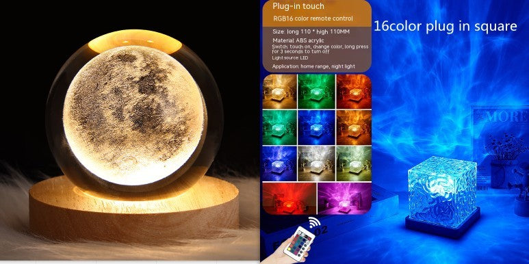LED Water Ripple Ambient Night Light,USB Rotating Projection Crystal Table Lamp,RGB Dimmable 16 Colors