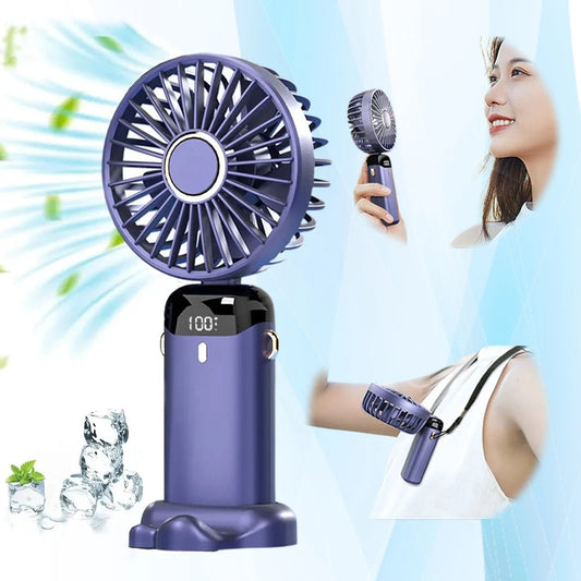 USB Rechargeable Mini Portable Handheld Electric Fan, Foldable Neck Hanging Outdoor Fan, Adjustable 5 Speed Powerful Air Cooler