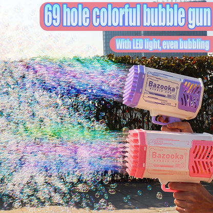 Bubble Gun Rocket 69 Holes Soap Bubbles Machine Gun Shape Automatic Blower With Light,Toys For Kids Pomperos