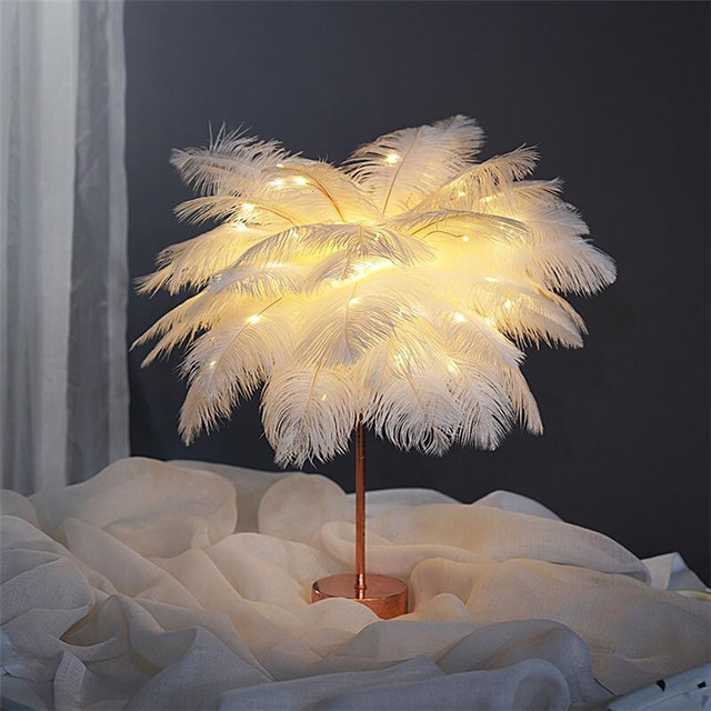 Feather Lamp,Fluffy Desk Lamp,USB/Battery Bedside Night Light,Decorative