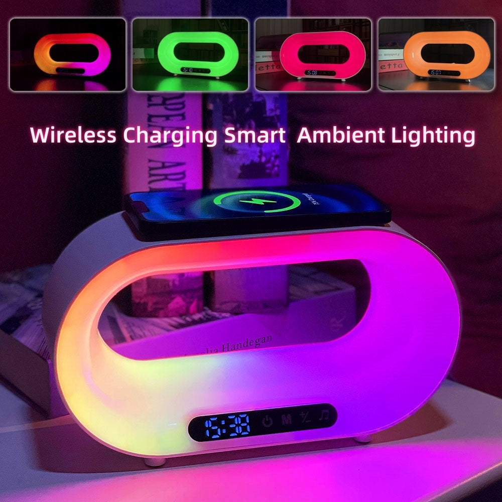 Multi-Function 3 In 1 LED Night Light APP Control RGB Atmosphere Desk Lamp,Smart Multifunctional Wireless Charger Alarm Clock