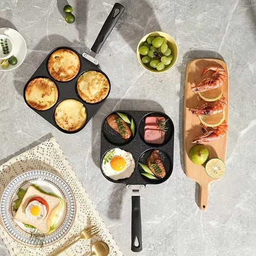 Multi Functional 4 Hole Frying Pan, Non Stick Breakfast Burger Egg Pancake Maker, Four Hole Omelet Pan